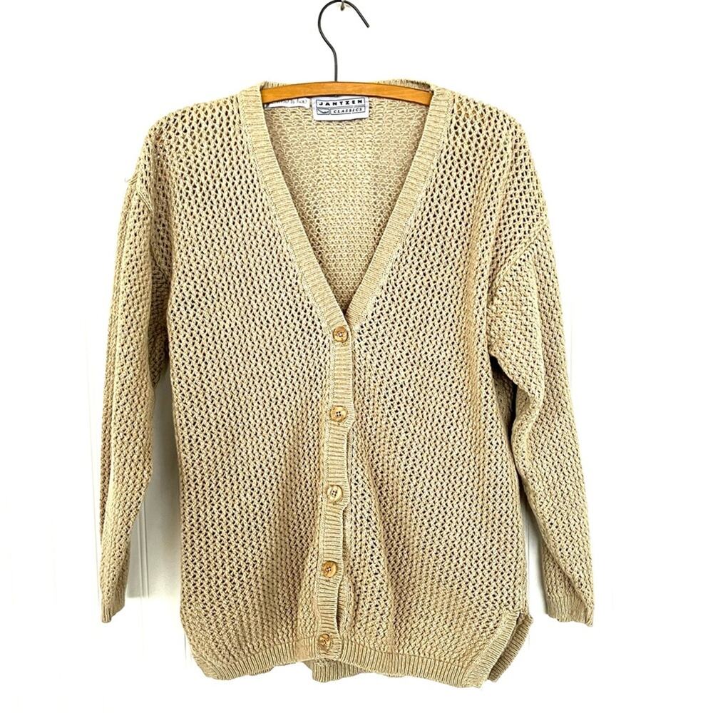 Vintage Fisherman's Sweater Hand Knit Beige Rope Net V-Neck Cardigan Wood Button